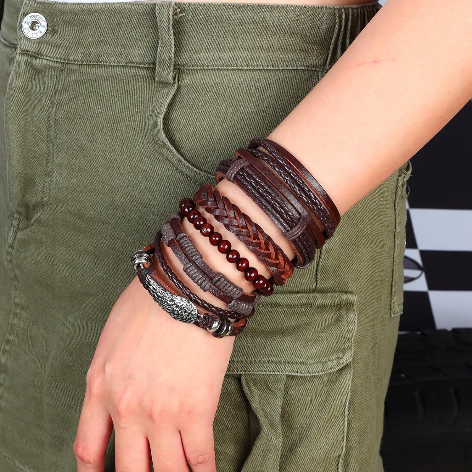 6-12PCS Braided Faux Leather Bracelet Punk Cuff Wrap Bracelets for Men Women Adjustable - Image 6